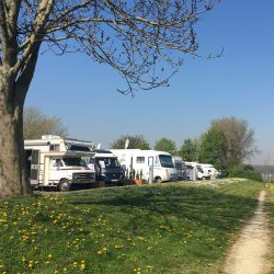 een aantal campervans die op een camping staan